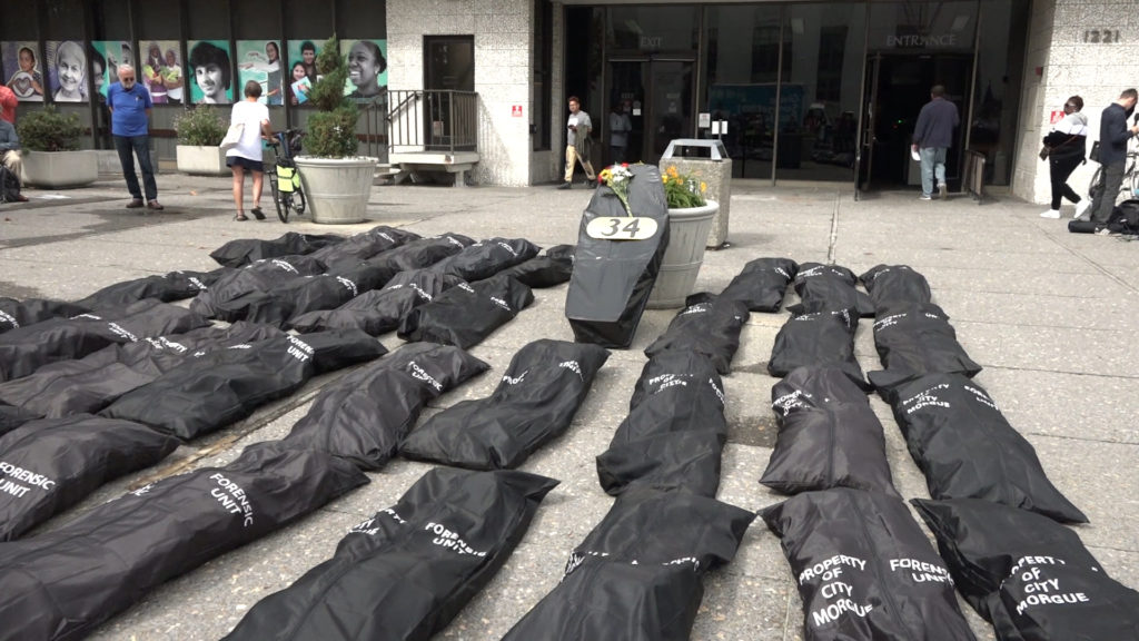 The 34 body bags symbolize the 33 deaths that protesters say occurred in Santa Rita Jail, plus the death of Jessica St. Louis.