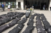 The 34 body bags symbolize the 33 deaths that protesters say occurred in Santa Rita Jail, plus the death of Jessica St. Louis.