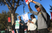 Teachers and students demonstrating for a new contract outside of Oakland International High School.