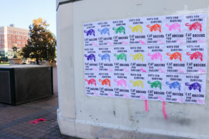 Signs adorn a wall in front of city hall promoting Cat Brooks. Photo by Carla Williams.