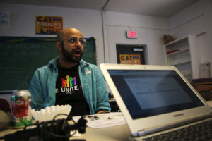Anand Kalra, volunteer and volunteer driver at Cat Brooks’ headquarters offered rides to the polls to anyone who needed it. “It’s something I can do,” he said. Photo by Annie Berman.
