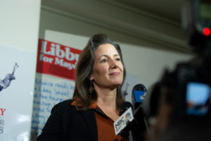 Schaaf talks to the press at about Election Day at her campaign headquarters on Tuesday night. Photo by Rosa Tuiran Grobet.