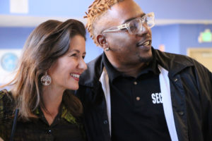 Schaaf (left) is all smiles Wednesday afternoon telling the crowd, “You have four more years of me,” at a victory press conference at St. Vincent De Paul Community Center.