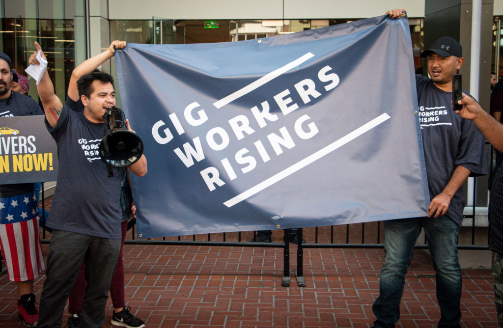 Ride share drivers organized in support of AB 5 outside of Uber HQ during a Gig Workers Rising rally on August 27. Photo courtesy of Jeff Barrera / Gig Workers Rising.