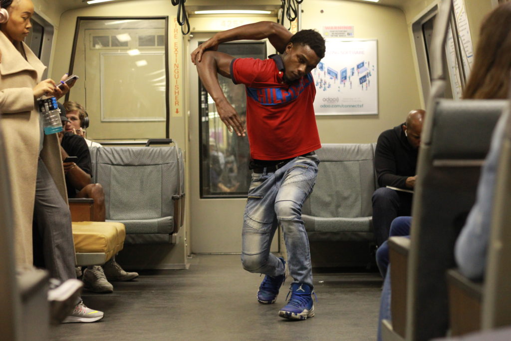 Tavon "Arrow" Gladen performed a set showing off 'bone breaking,' a signature move of TURF dancing, last Saturday night on BART.