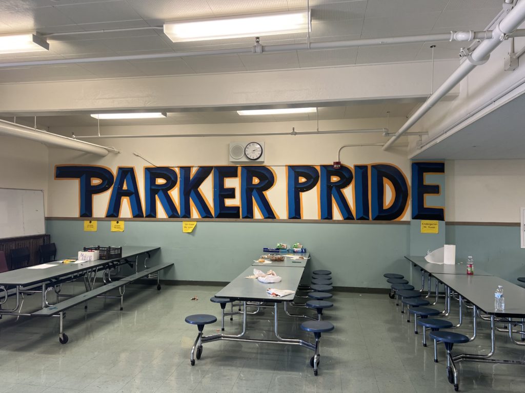 Parker Pride painted on wall of Parker Elementary School Cafeteria