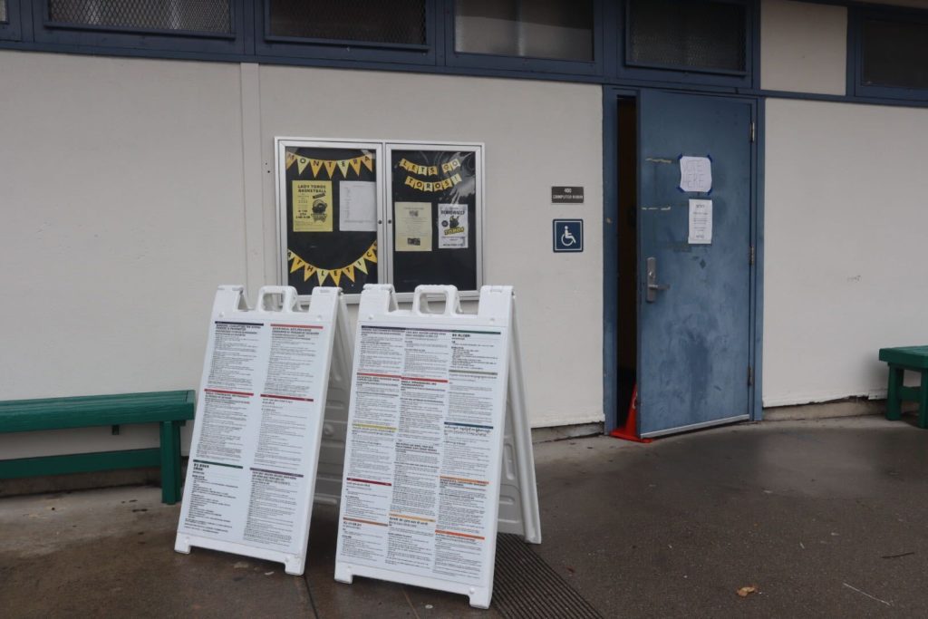 Voting instructions stand in front of Montera Middle School.