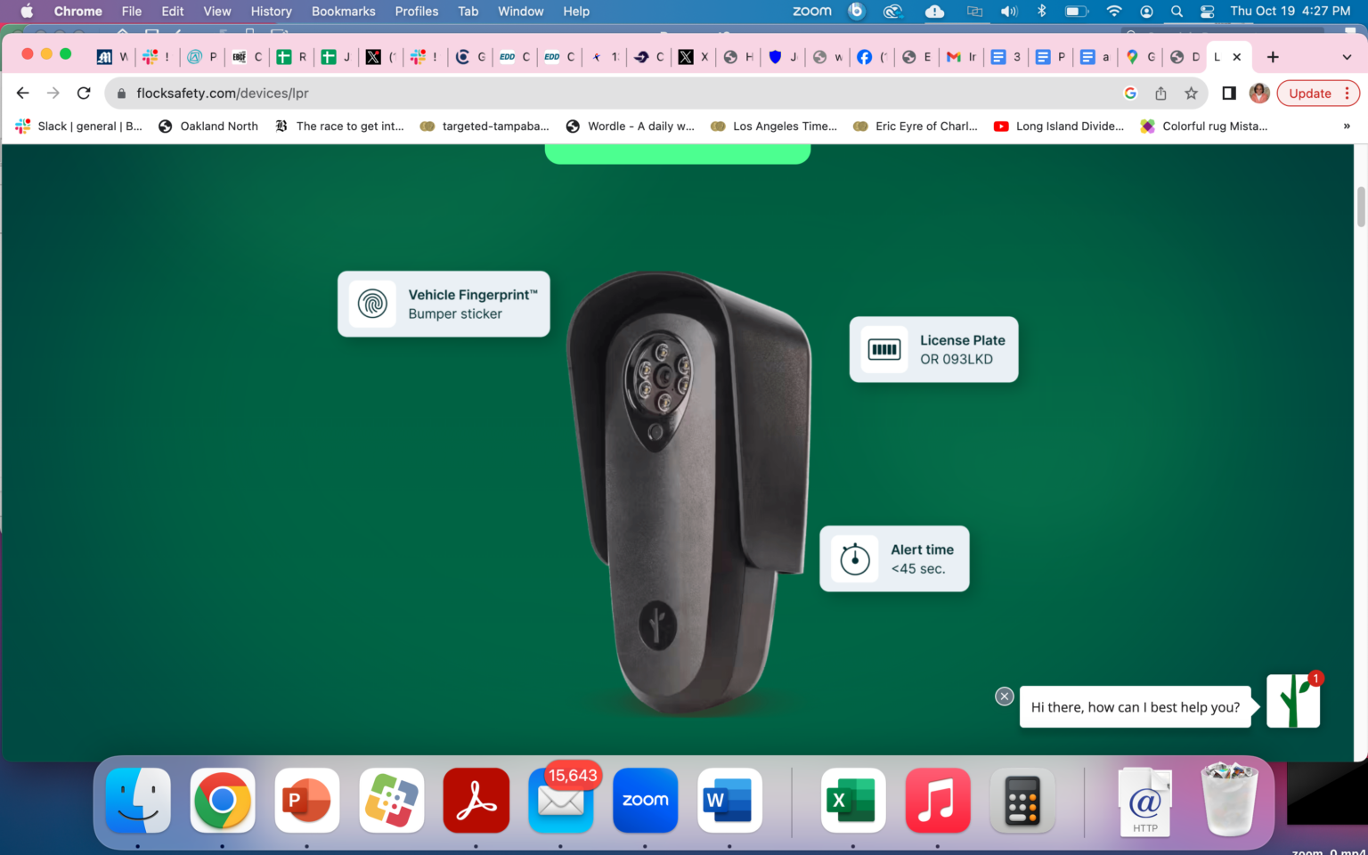 A black license plate reader is about twice as big and five times as thick as a cellphone with a cap over the top and buttons. The screenshot shows the object on green with captions reading "vehicle Fingerprint bumper sticker," "License plate OR 09 3LKD" and "Alert time less than 45 sec."