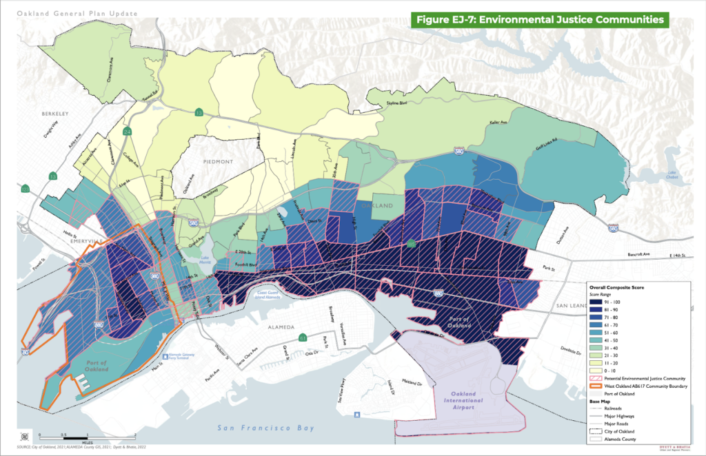 A map showing purple sections of the city in east and west Oakland where pollution is high; blue by the port, greens around downtown and yellow (less pollution) north. of Lake Merritt to the Berkeley border.