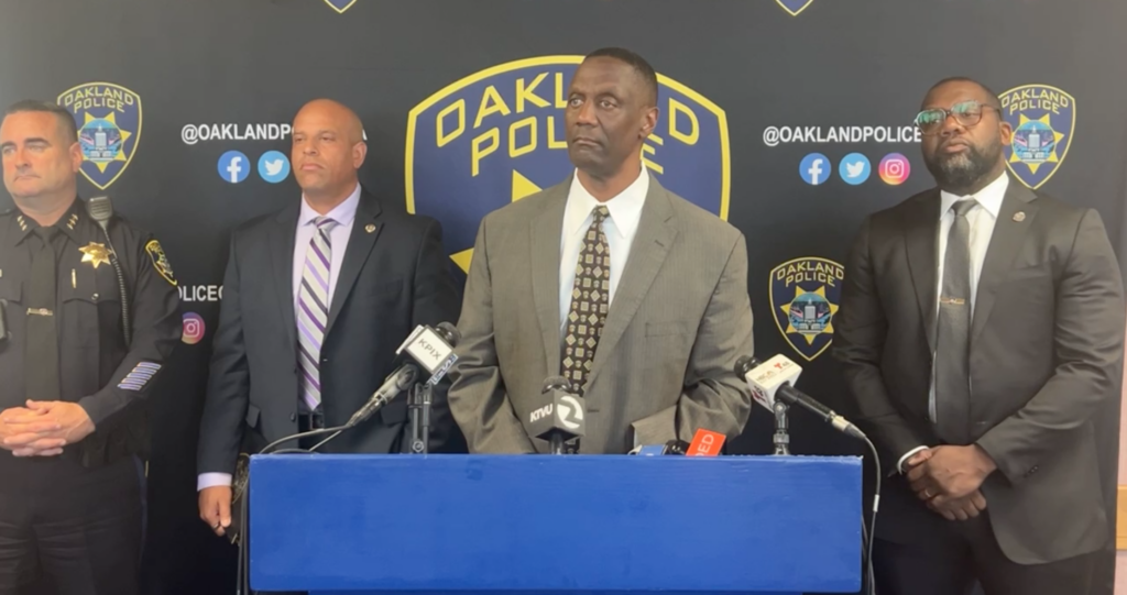In a screenshot from an Oakland Police Department news conference are (from left) Oakland Assistant Police Chief James Beere, Deputy Chief Casey Johnson, Chief Floyd Mitchell and Deputy Chief Frederick Shavies
