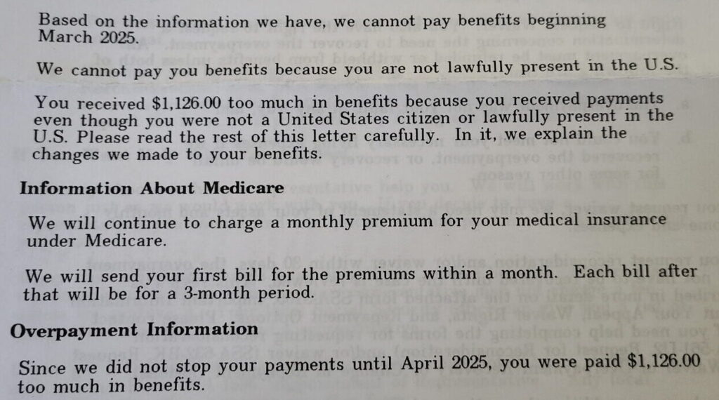 A typed letter, black text on white paper, from Social Security Administration