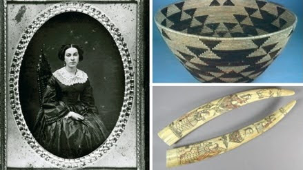Three photos are in one shot. A picture on the left is a daguerreotypes of a woman in 19th century garb. On the right is a photo of a basket and a photo of two painted tusks.