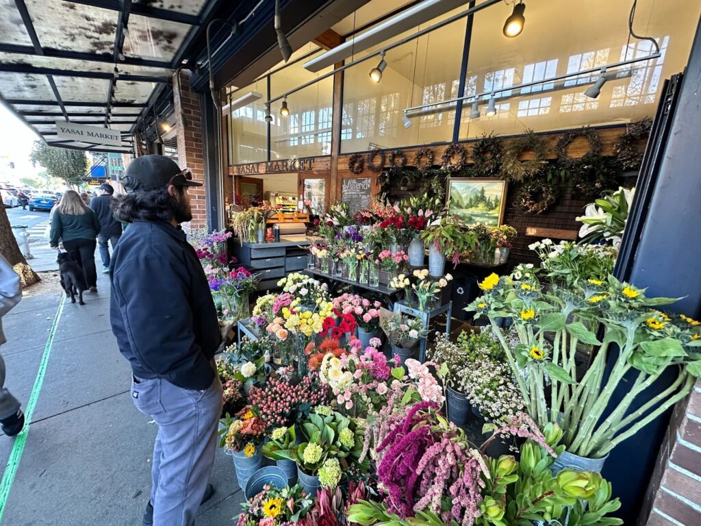 Rows of flowers in many shades take up the right side of the screen and to the left, a man in a baseball cap, his hands in his pocket, looks at them.