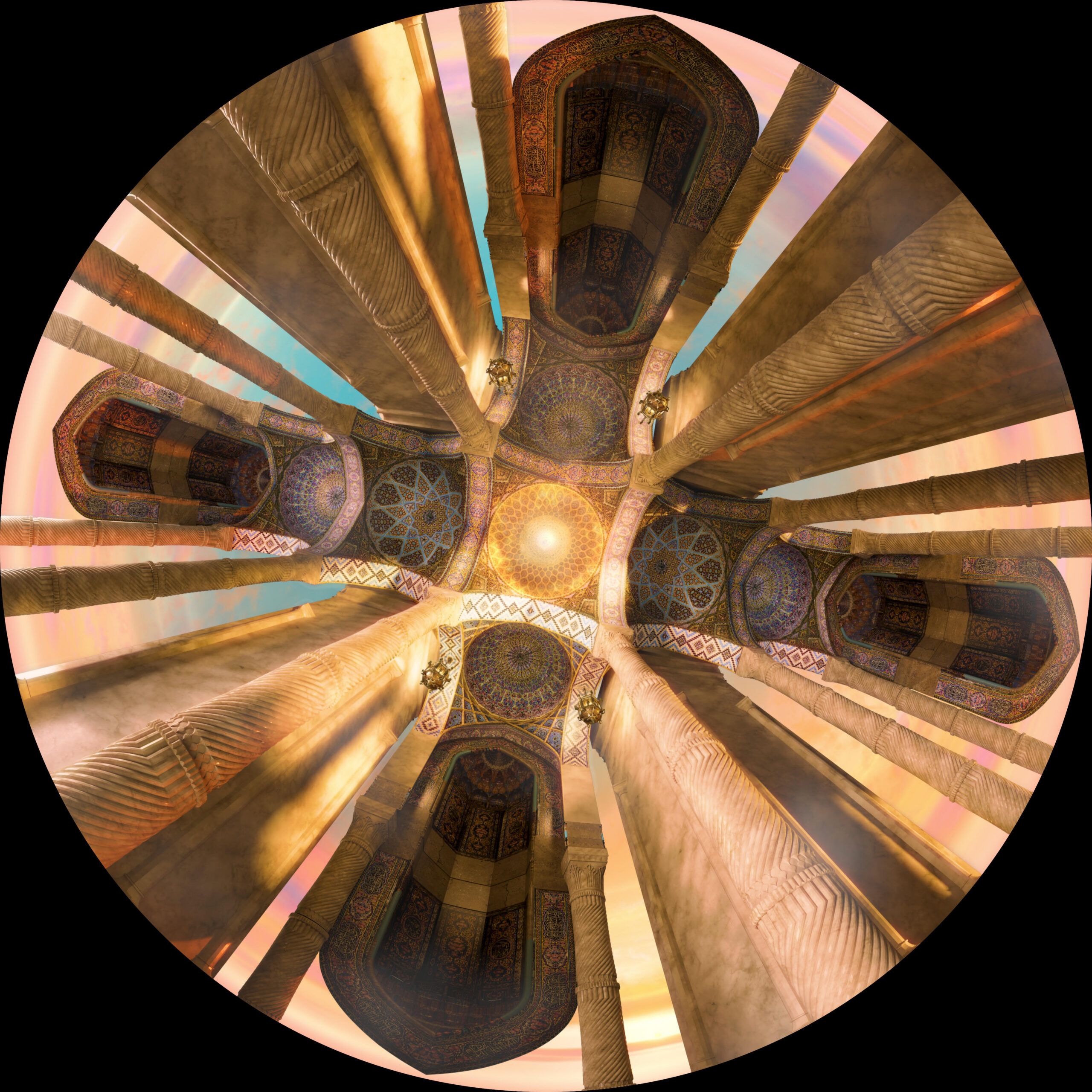 A upward circular view of the dome of a building with multiple columns and geometric paintings on the ceilings