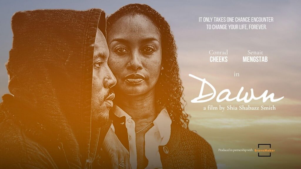 Movie poster of a woman in long curly hair looking straight ahead next to a man in a hoodie in profile.